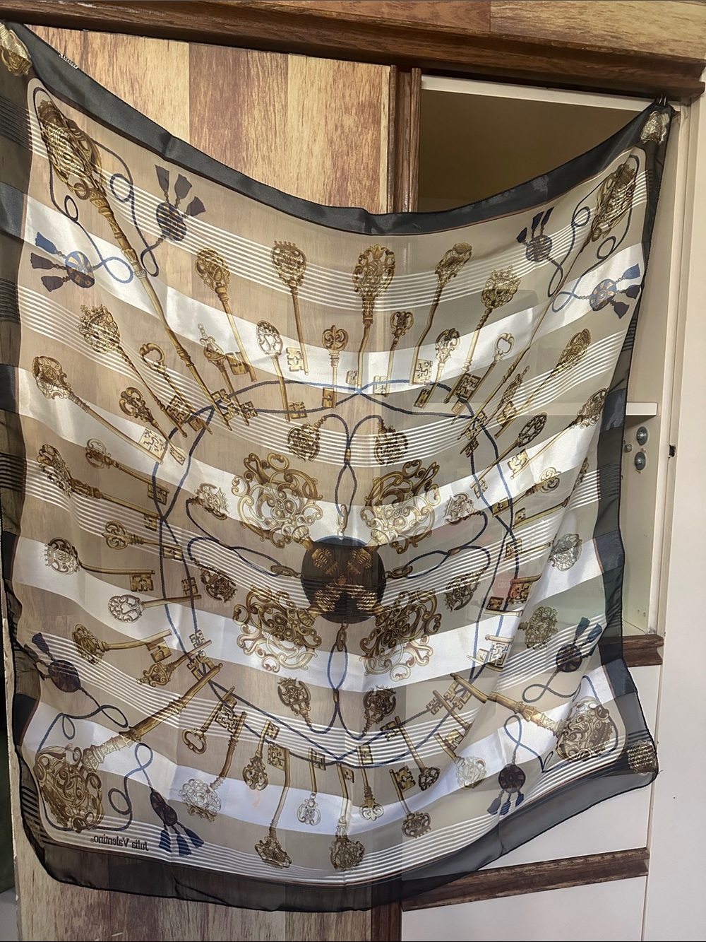 Valentino Sheer Scarf Tapestry in Black, Gold, Cream